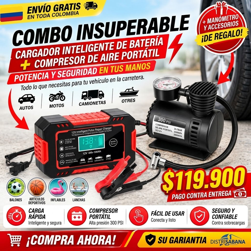 Combo Compresor aire + Cargador bateria