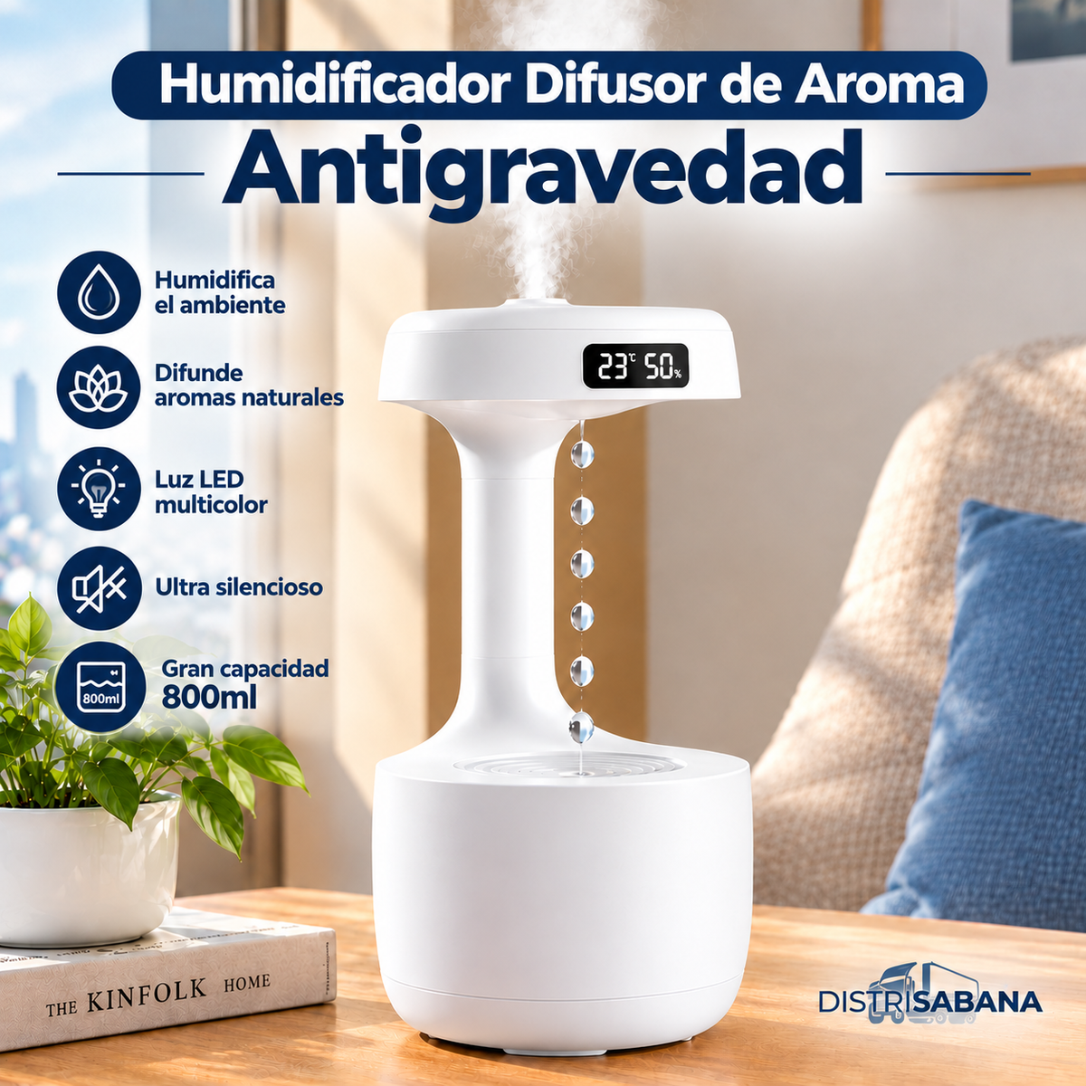 Humidificador Difusor de Aroma Antigravedad 800 ml con LED